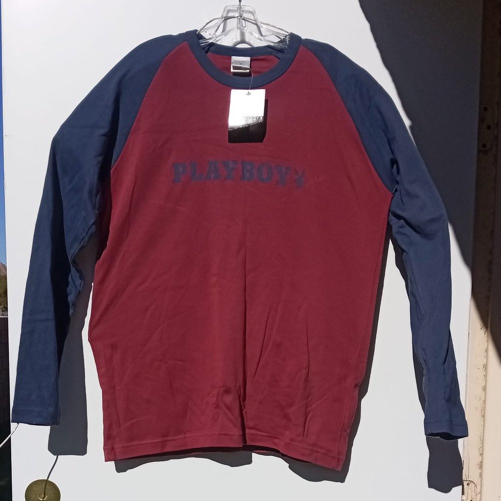 Playboy Long Sleeve Baseball Shirt Men's Navy Blue Sleeves/Burgundy Body X LARGE